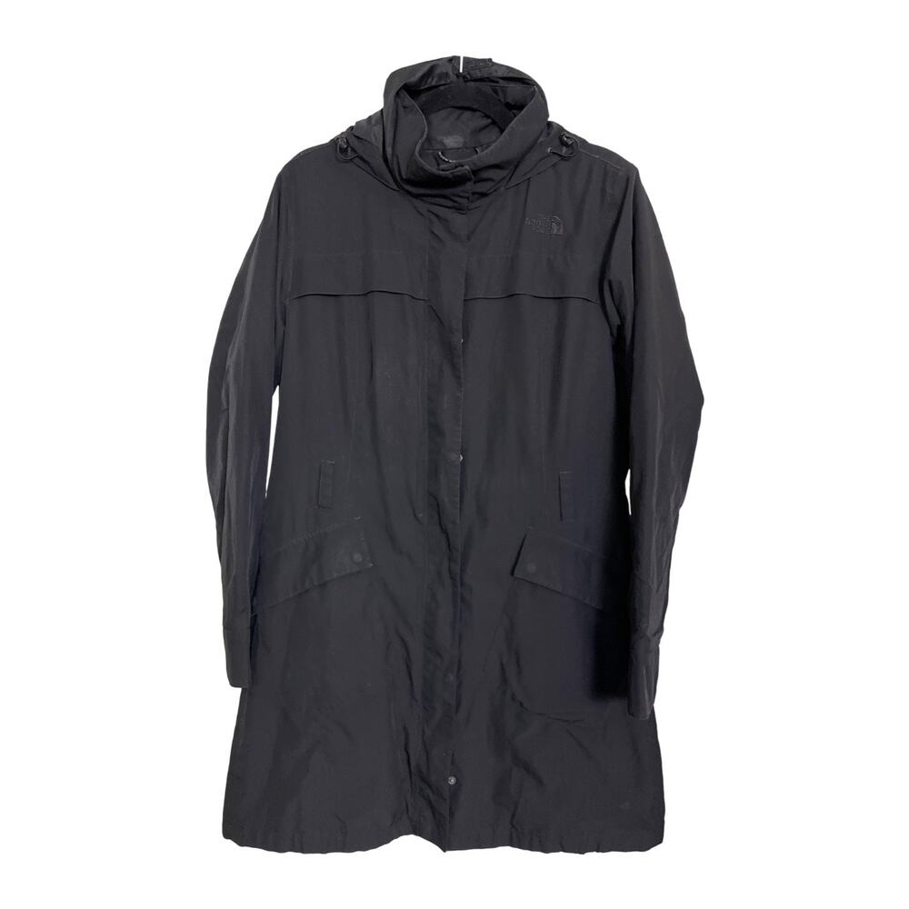 The North Face Black Hooded Trench Rain Coat Jacket Womens Medium Fair Condition